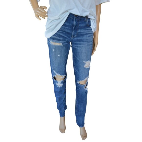American Eagle Outfitters Super Stretch Skinny Blue Jeans Ripped Size 8 X Long - Picture 1 of 7